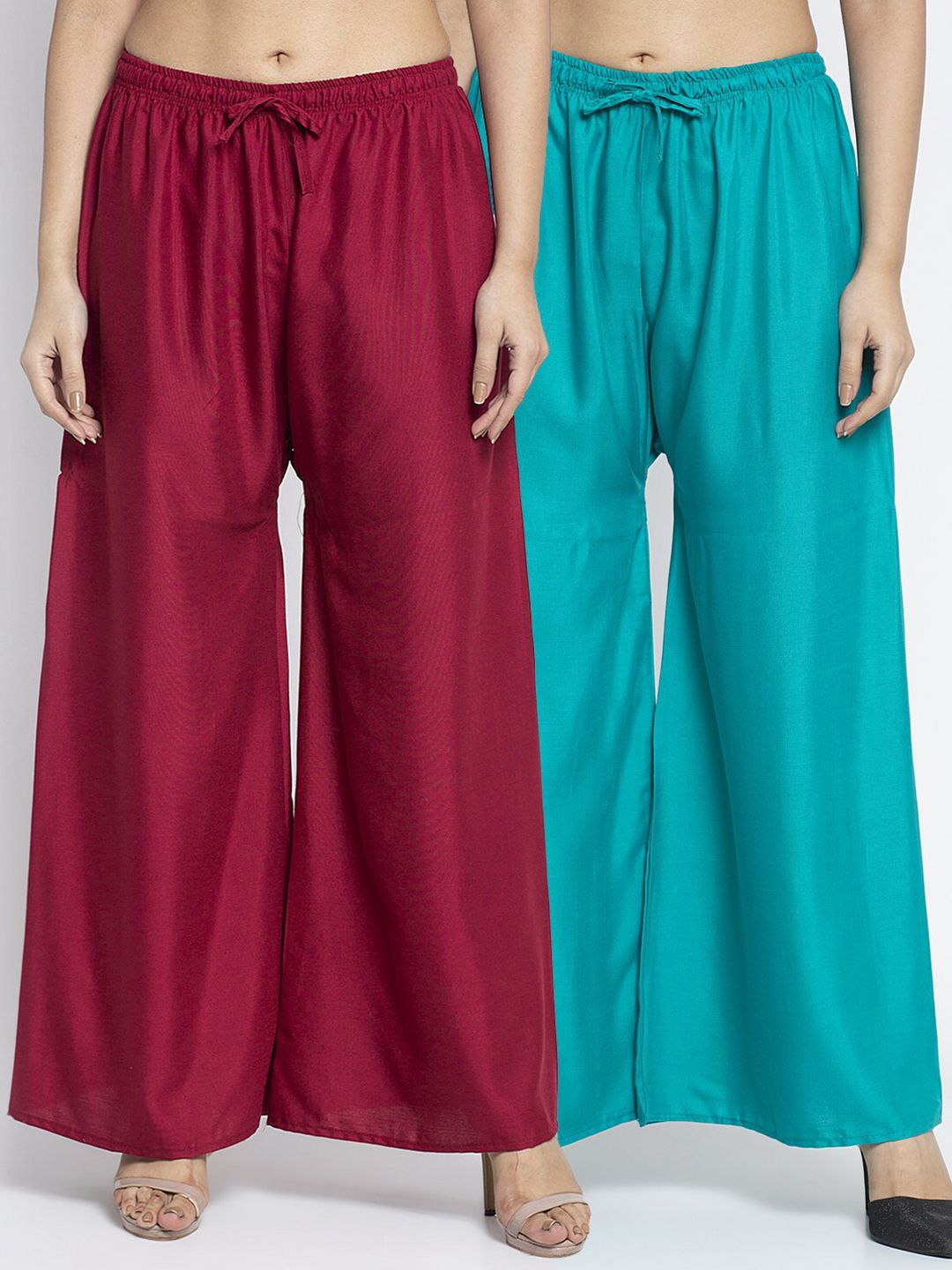 Jinfo Women Pack Of 2 Maroon & Sea Green Flared Ethnic Palazzos Price in India