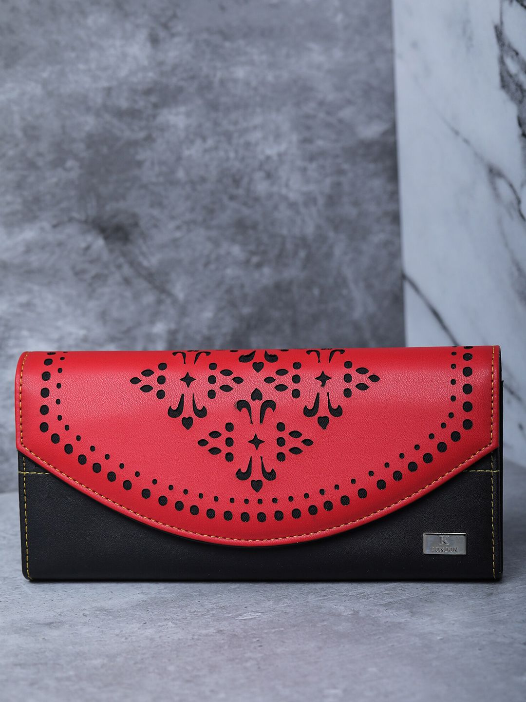 K London Women Red & Black Ethnic Motifs Cut Work Leather Envelope Price in India