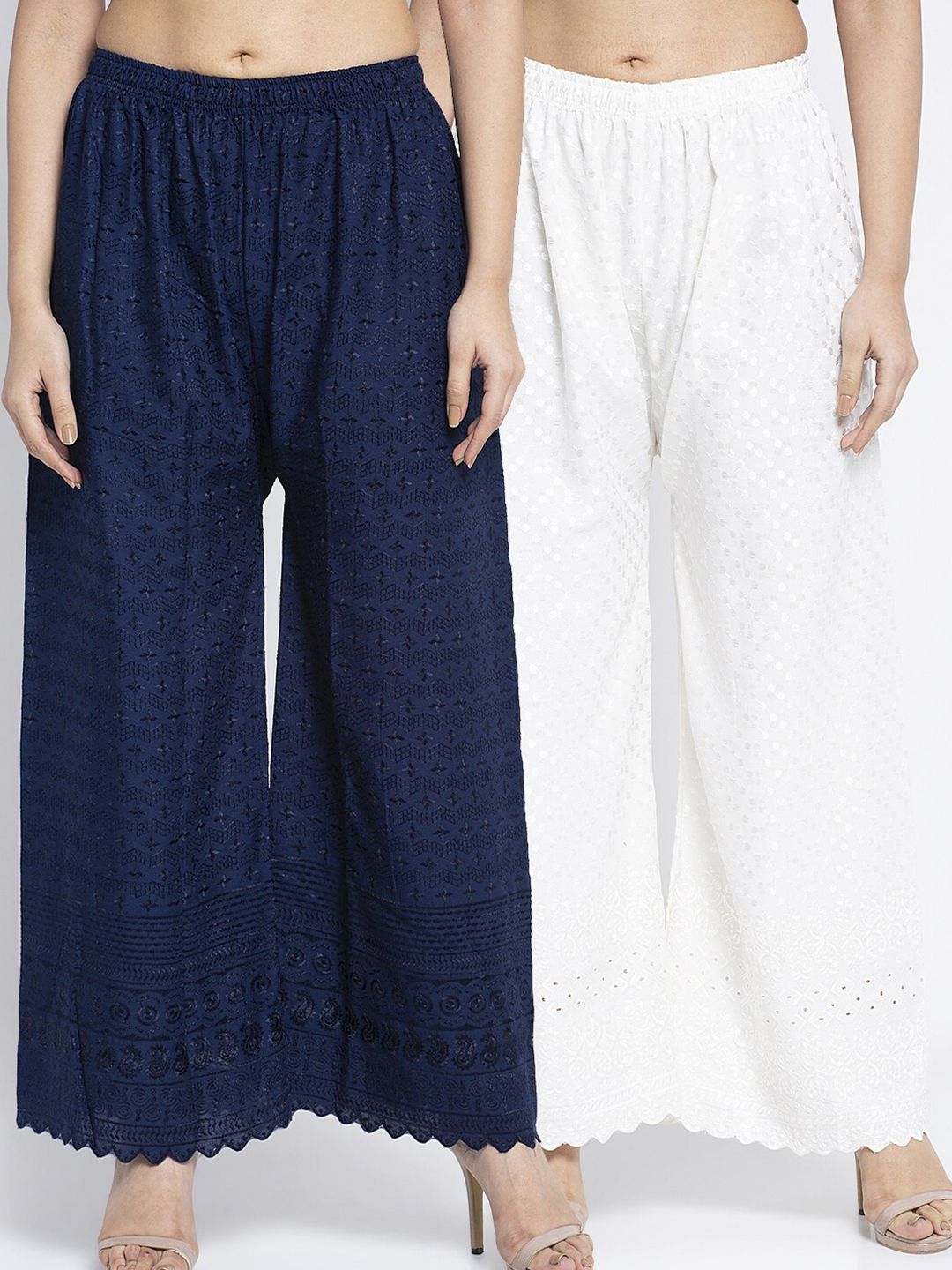 Jinfo Women Set Of 2 Navy Blue & Off White Solid Flared Palazzos Price in India