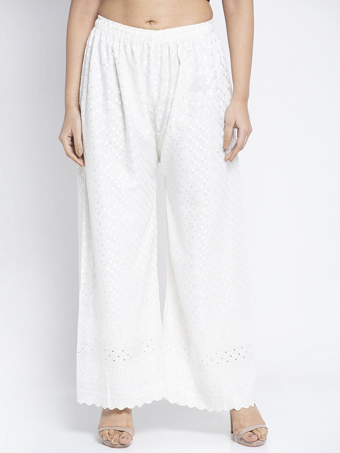 Jinfo Women Off White Ethnic Motifs Embroidered Flared Knitted Ethnic Palazzos Price in India