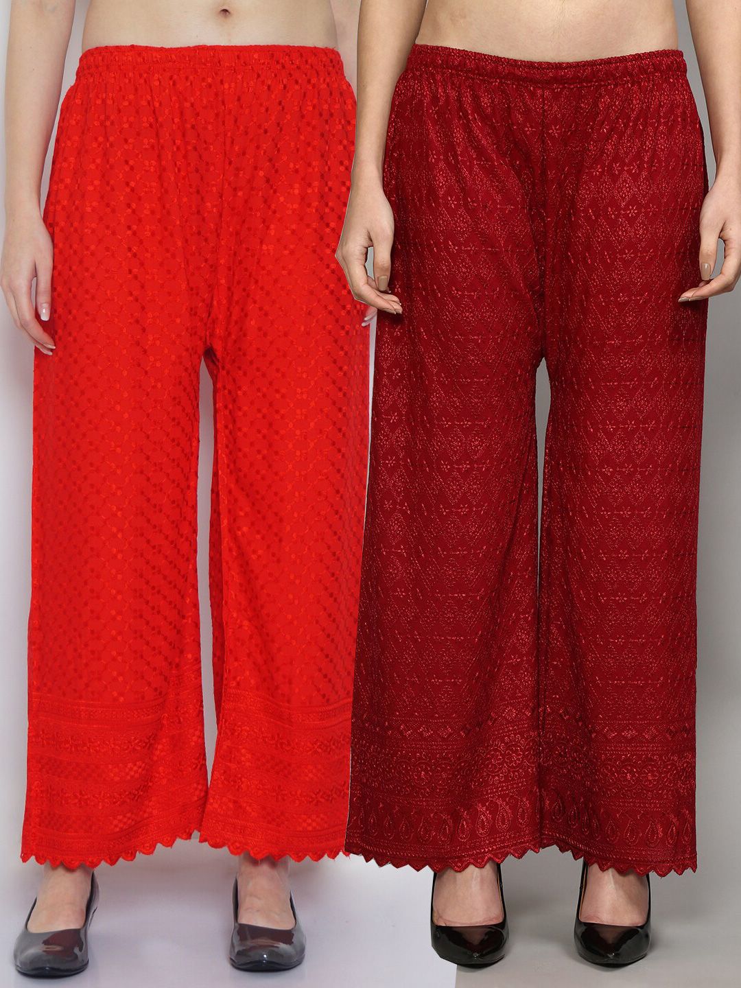 Jinfo Women Pack Of 2 Embroidered Flared Knitted Ethnic Cotton Palazzos Price in India