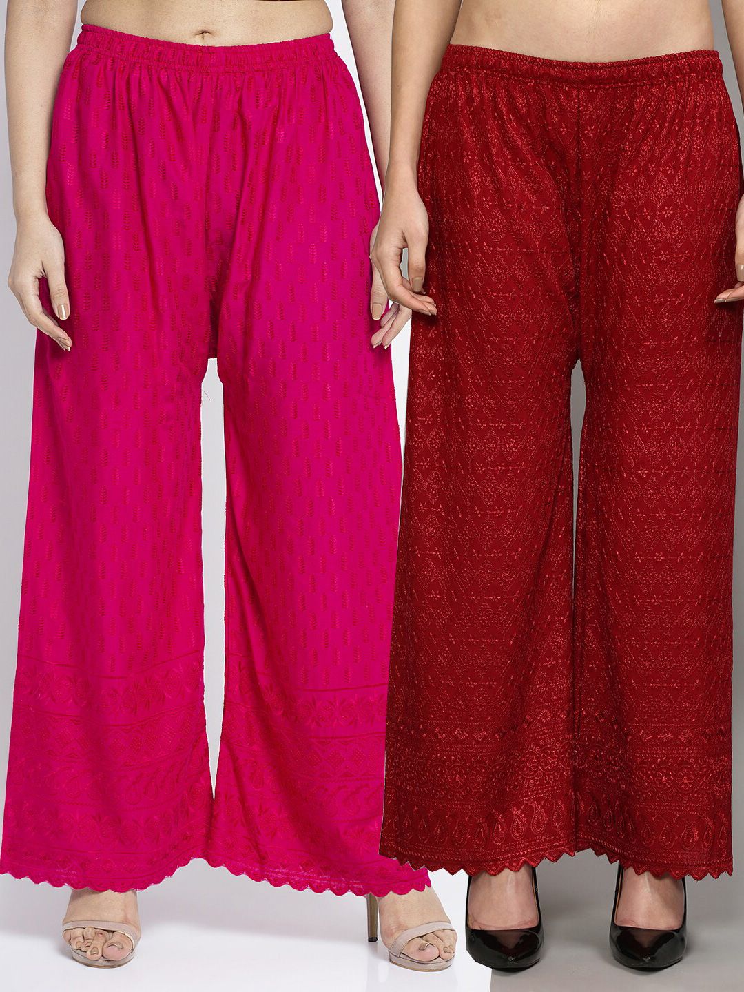 Jinfo Women Pack of 2 Magenta & Maroon Chikankari Embroidered Cotton Ethnic Palazzos Price in India