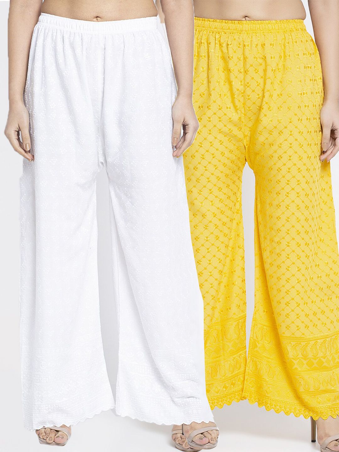 Jinfo Women Pack of 2 White & Yellow Embroidered Cotton Ethnic Palazzos Price in India