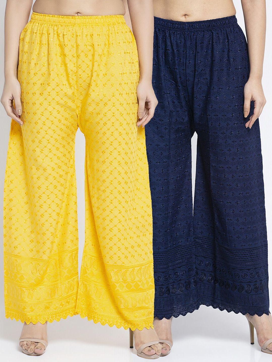 Jinfo Women Yellow & Navy Blue 2 Ethnic Motifs Embroidered Flared Knitted Ethnic Palazzos Price in India