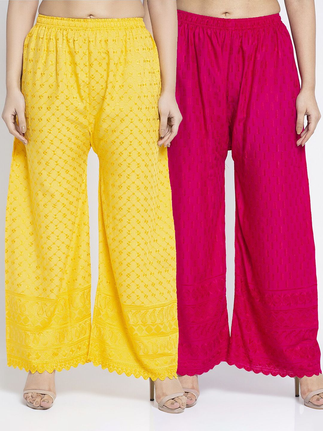 Jinfo Women Pack Of 2 Yellow & Pink Ethnic Motifs Chikankari Flared Cotton Ethnic Palazzos Price in India