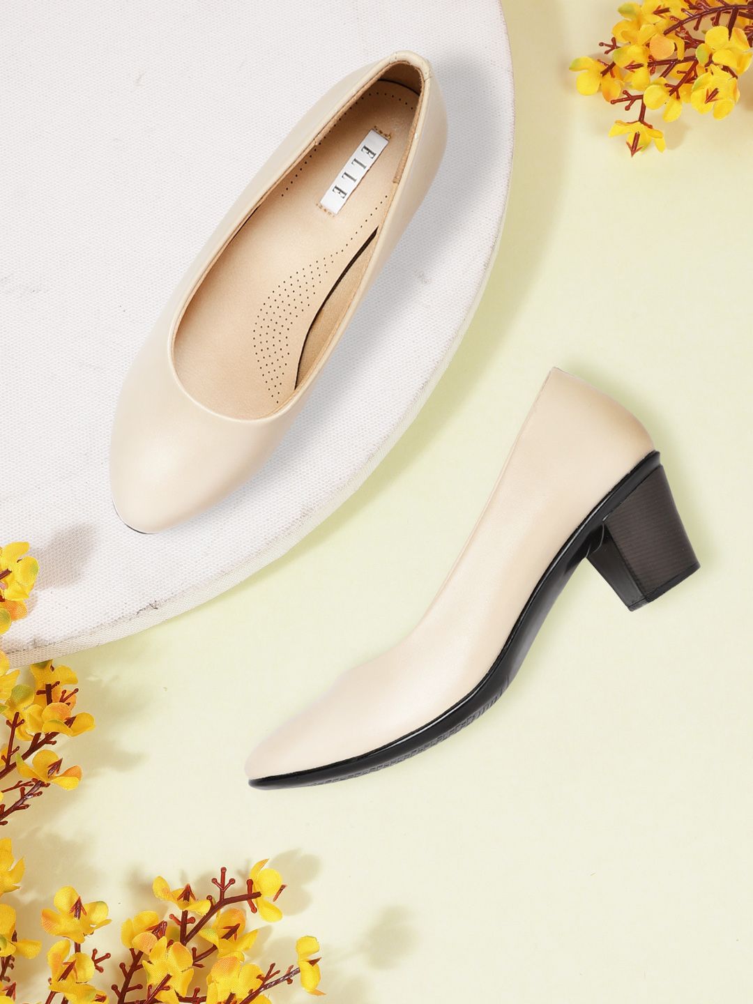 ELLE Women Cream-Coloured & Black Solid Pumps