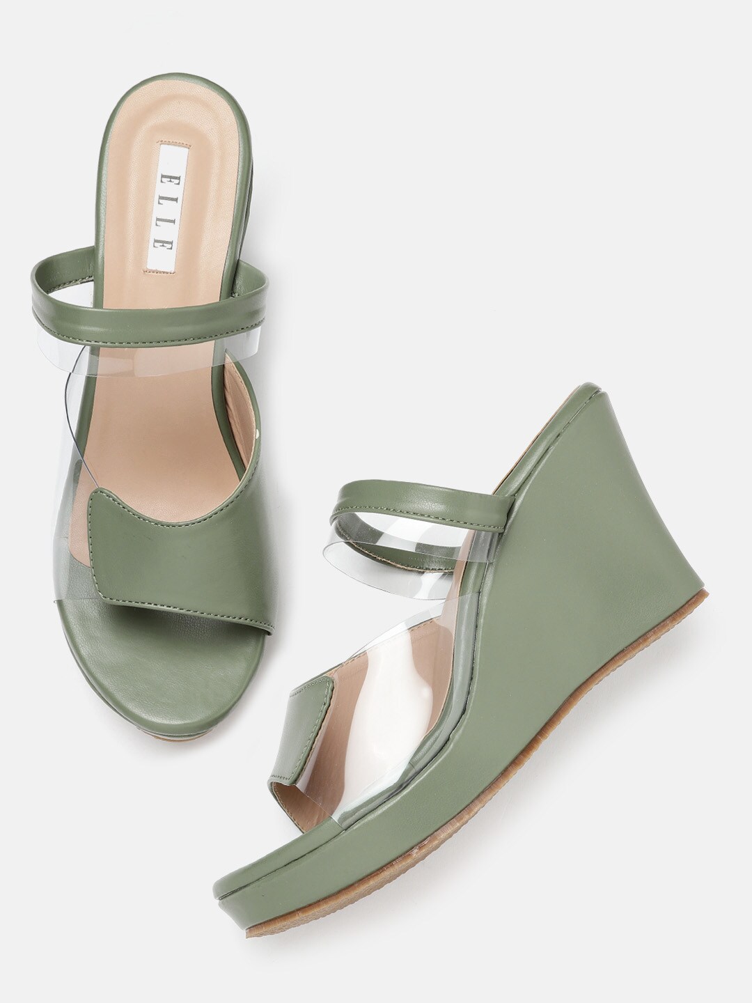 ELLE Women Olive Green & Transparent Solid Wedges Price in India