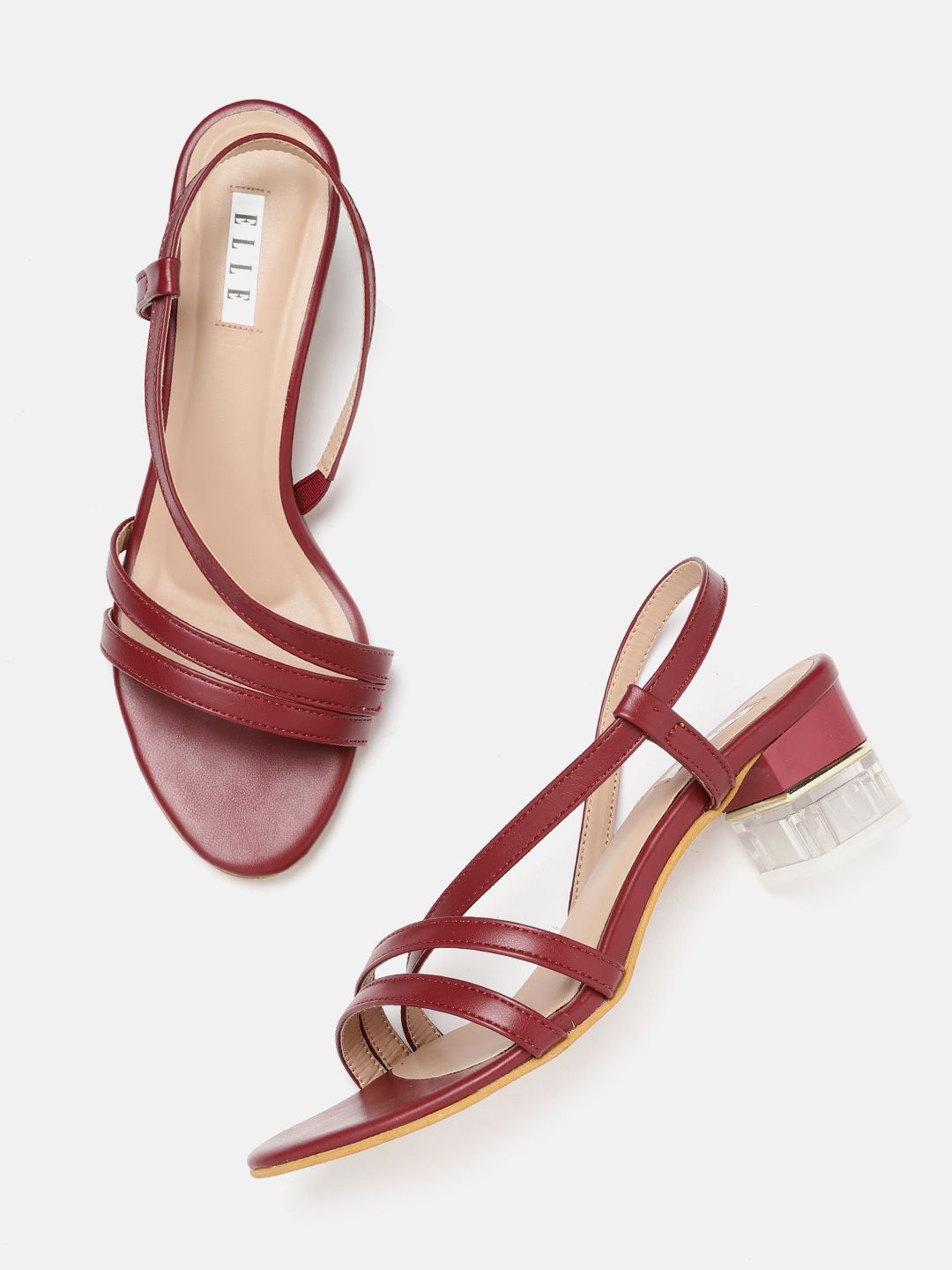 ELLE Women Maroon & Transparent Solid Block Heels Price in India