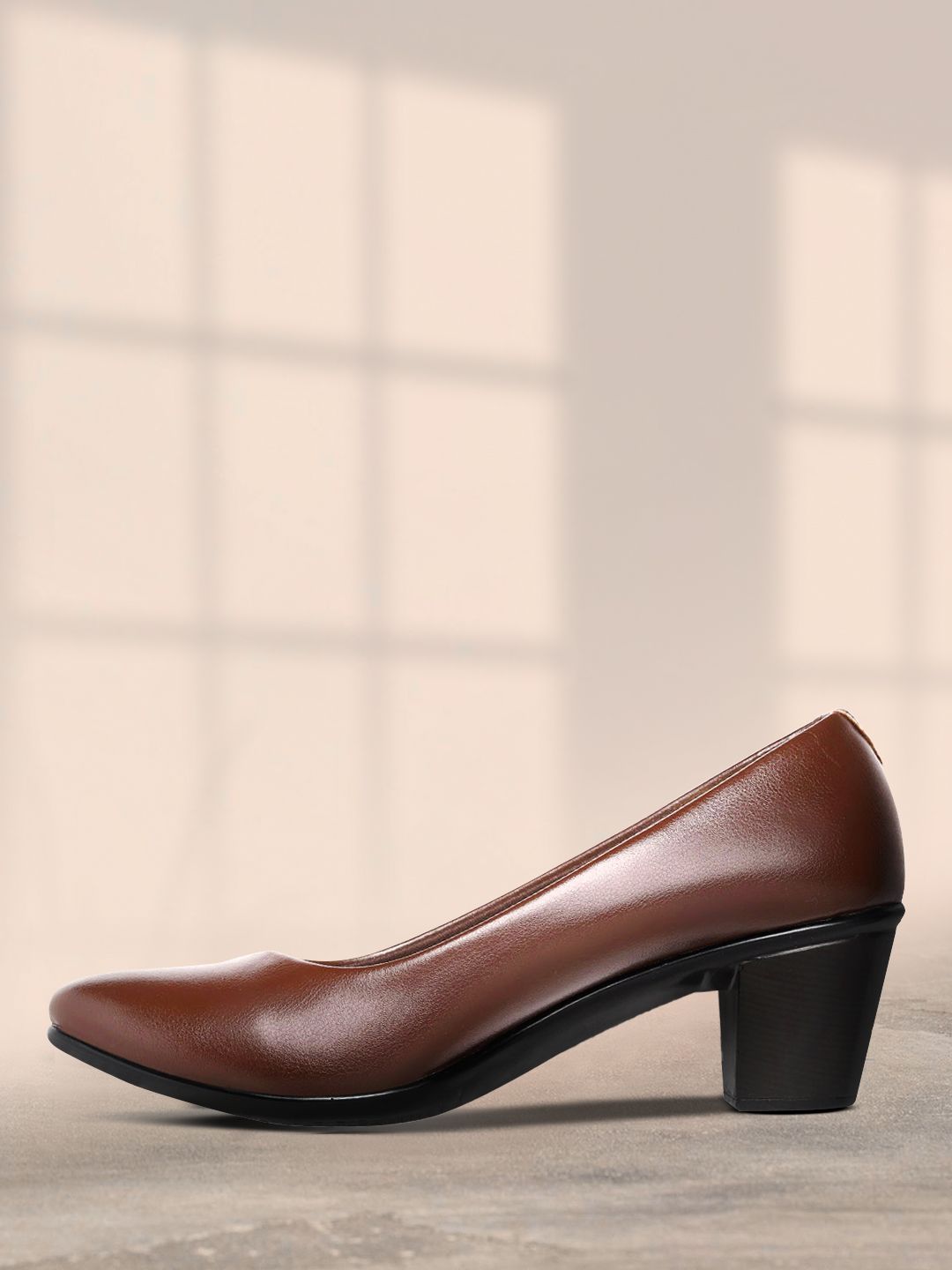 ELLE Coffee Brown Solid Block Pumps