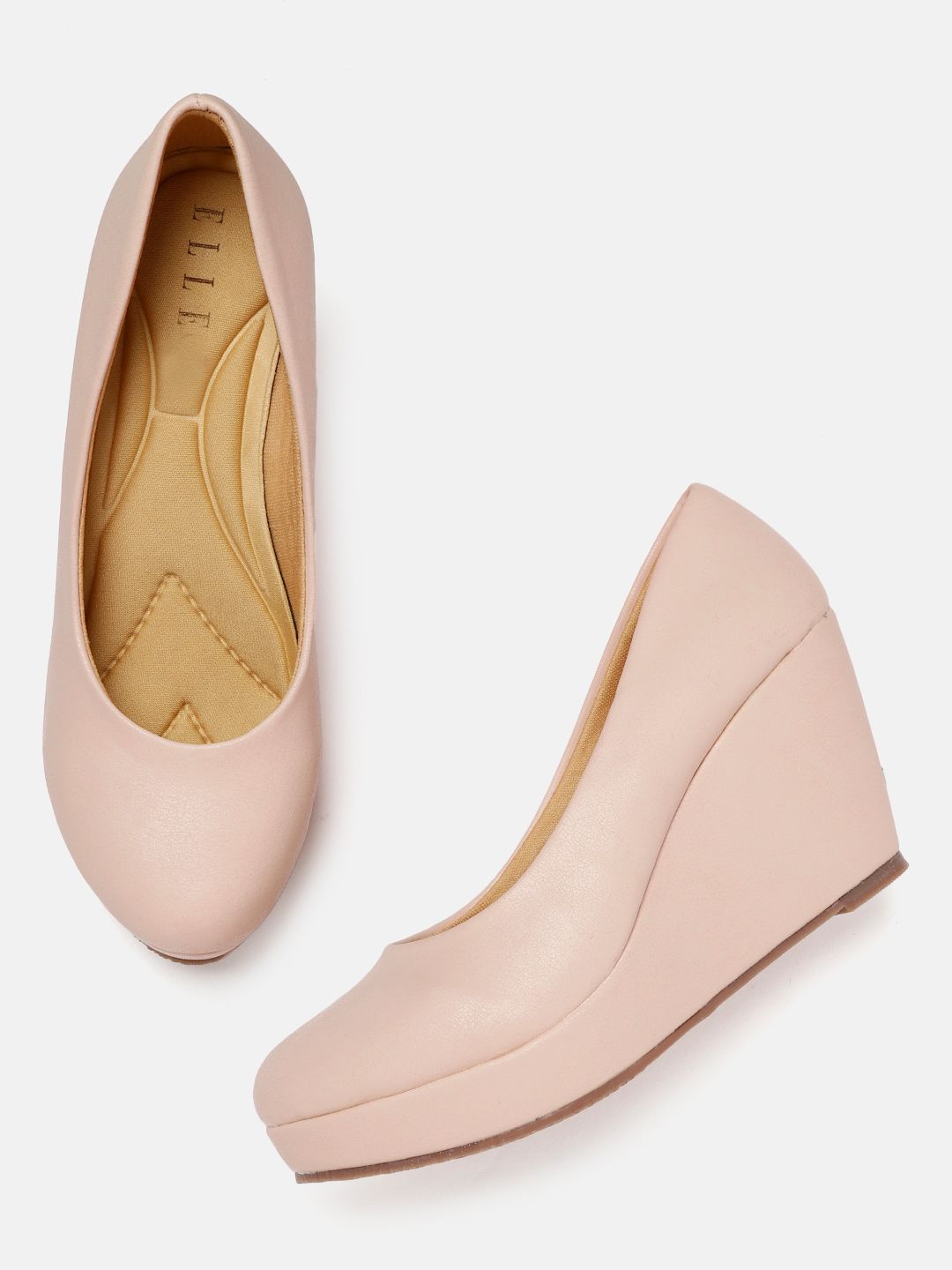 ELLE Peach-Coloured Solid Wedge Pumps Price in India