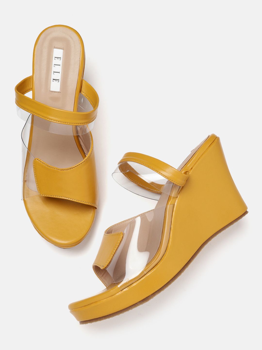 ELLE Mustard Yellow & Transparent Solid Wedges Price in India
