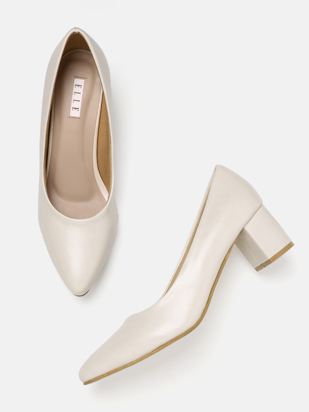 ELLE Off White Solid Block Pumps