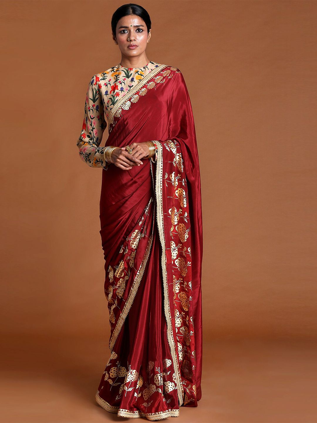 Masaba Maroon & Gold-Toned Floral Zari Pure Crepe Saree