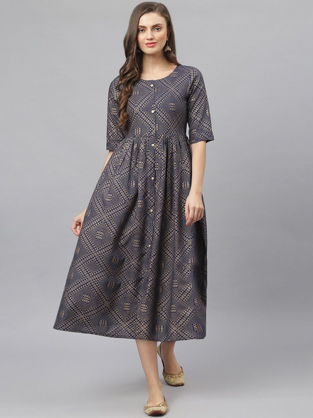 Stylum Navy Blue & Golden Printed A-Line Midi Dress Price in India