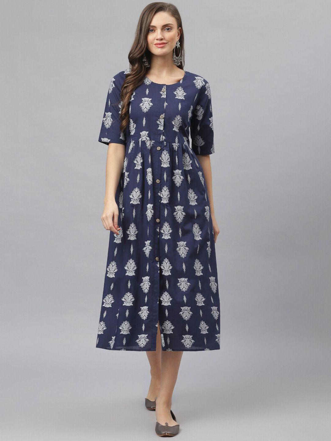 Stylum Women Navy Blue & White Pure Cotton Ethnic Motifs A-Line Midi Dress Price in India