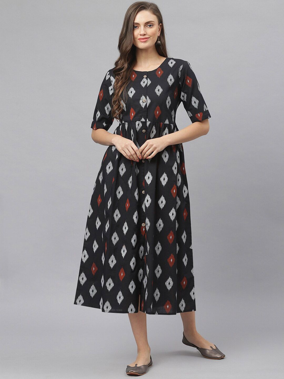 Stylum Black & Grey Ikkat Print Cotton A-Line Midi Dress Price in India