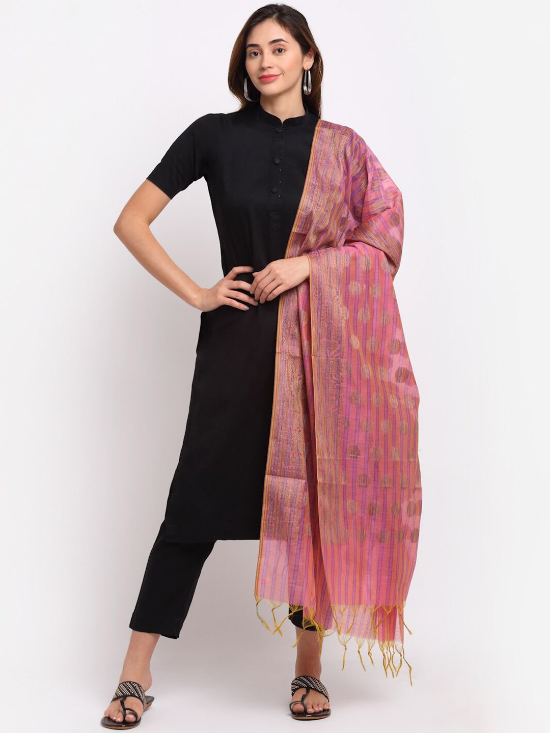 LOOM LEGACY Pink & Purple Ethnic Motifs Woven Design Cotton Silk Dupatta with Zari Price in India