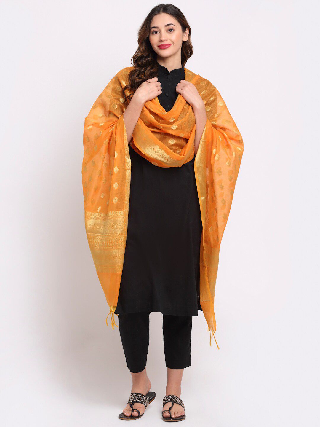 LOOM LEGACY Yellow & Gold-Toned Ethnic Motifs Woven Design Cotton Silk Dupatta with Zari