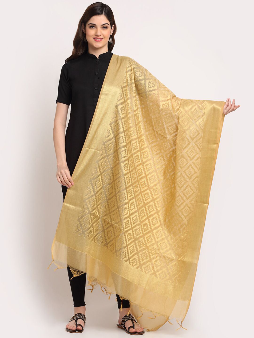 LOOM LEGACY Gold-Toned & Yellow Woven Design Cotton Silk Dupatta Price in India