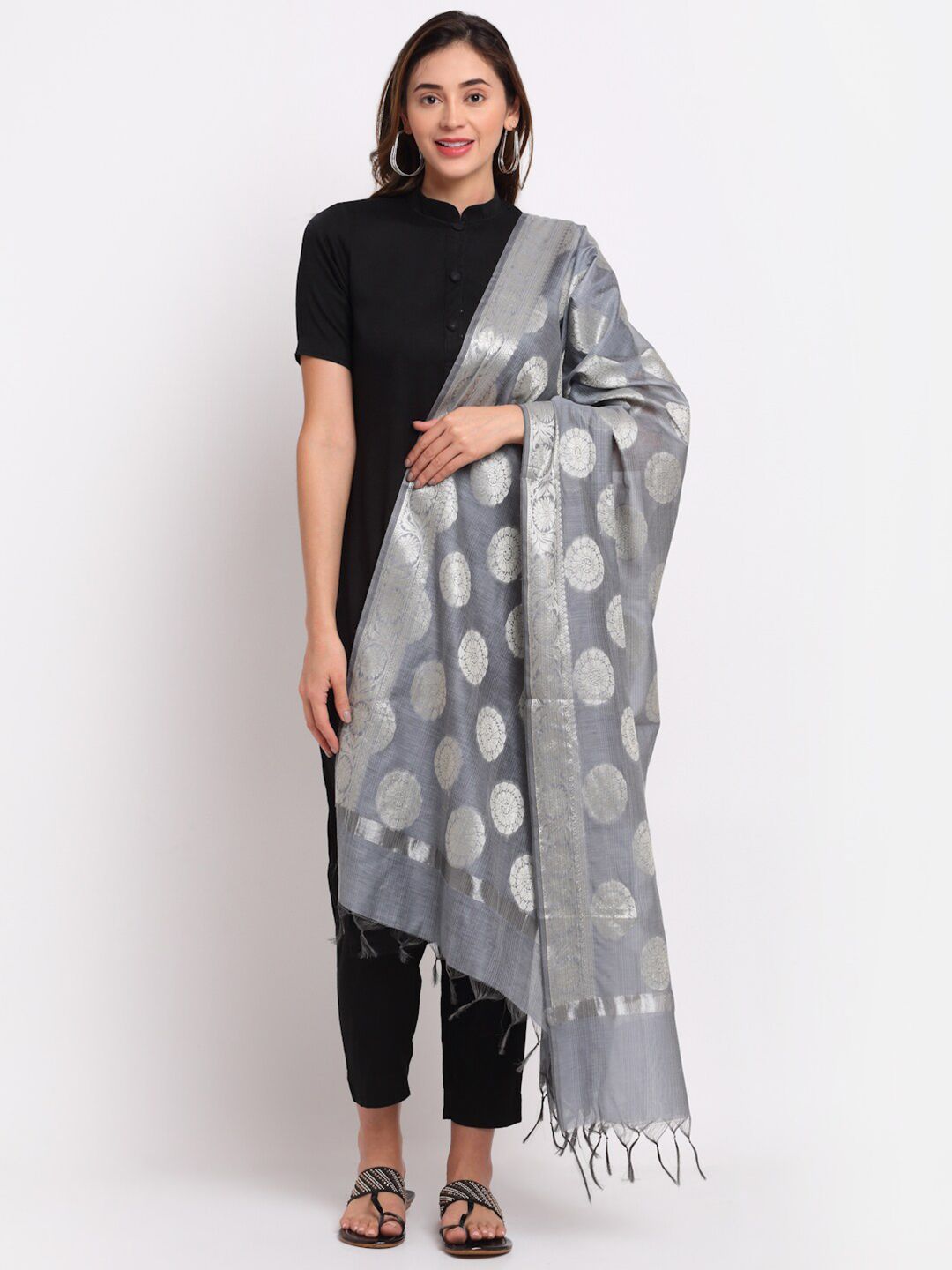LOOM LEGACY Grey & Silver-Toned Ethnic Motifs Woven Design Cotton Silk Dupatta with Zari Price in India