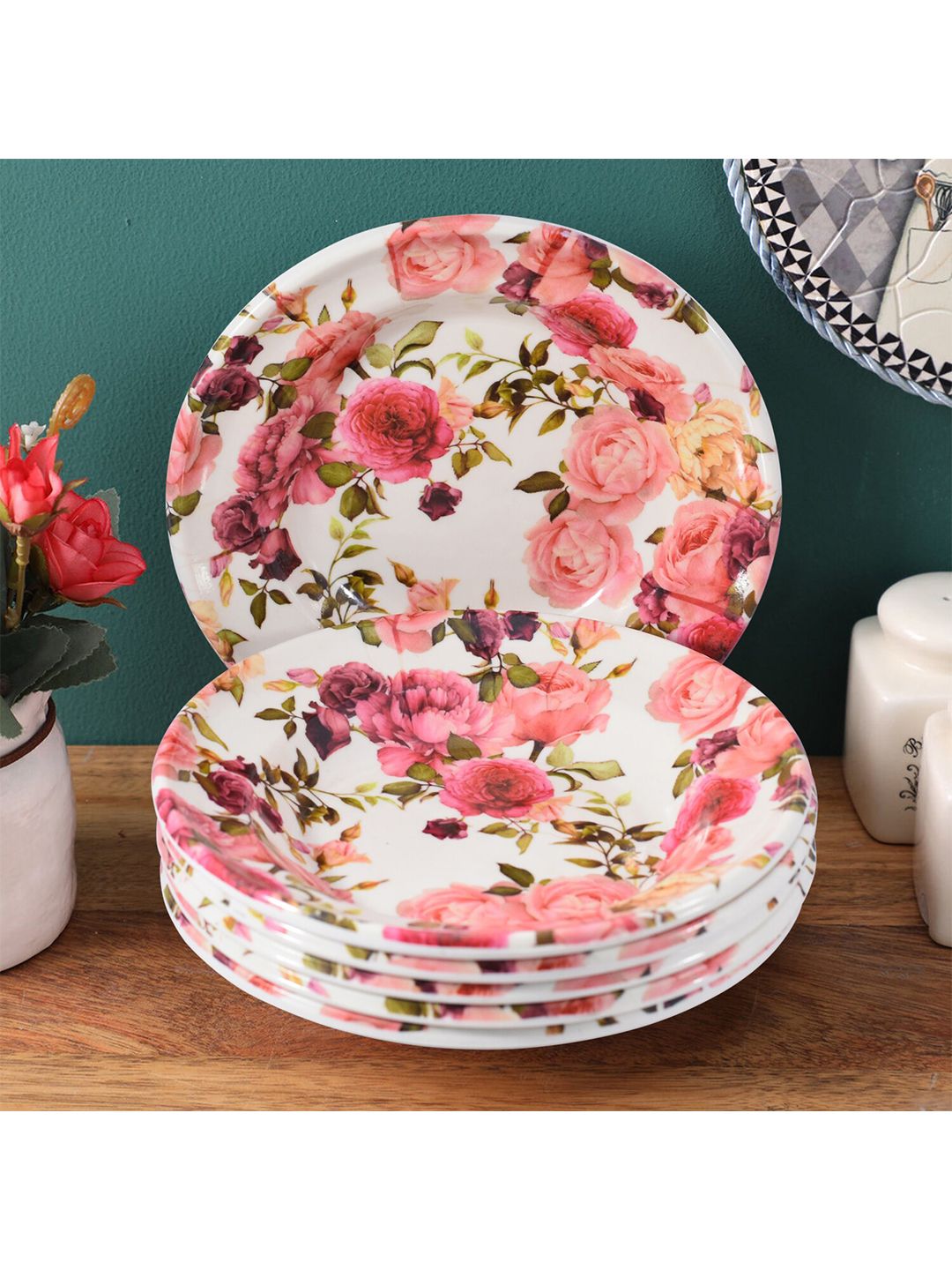 Gallery99 White & Pink 6 Pieces Floral Printed Melamine Glossy Plates Price in India