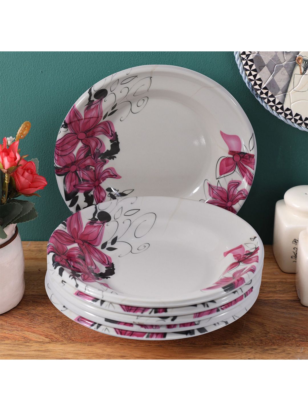 Gallery99 White & Pink 6 Pieces Floral Printed Melamine Glossy Plates Price in India