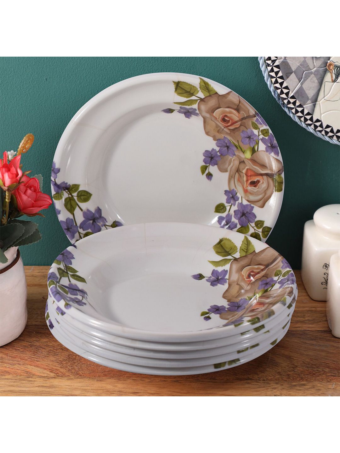 Gallery99 White & Purple 6 Pc Floral Printed Melamine Glossy Plates Set Price in India