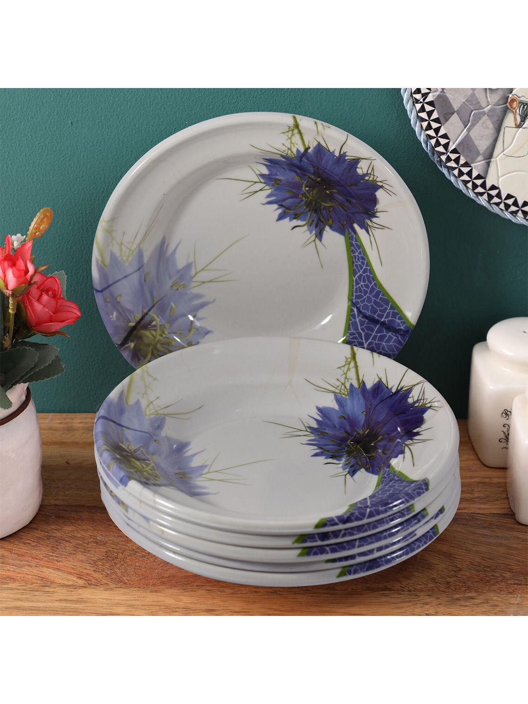 Gallery99 White & Blue Set 6 Floral Printed Melamine Glossy Serving Plates Price in India