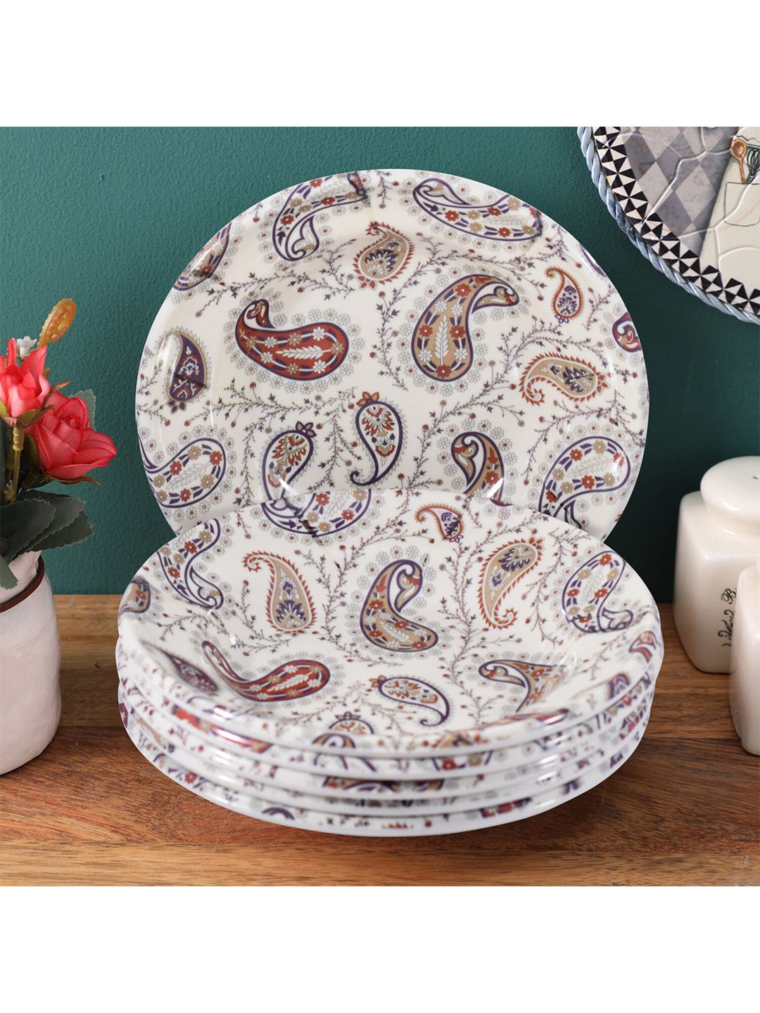 Gallery99 Set of 6 White & Brown Floral Printed Melamine Glossy Plates Price in India