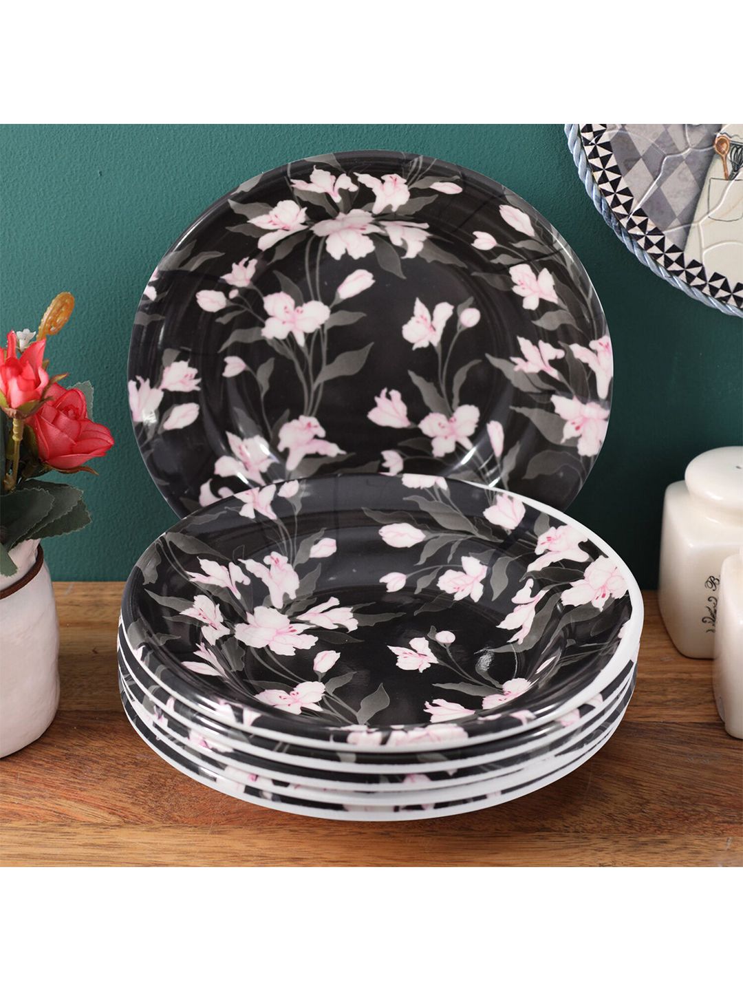 Gallery99 White & Black 6 Pieces Floral Printed Melamine Glossy Plates Price in India