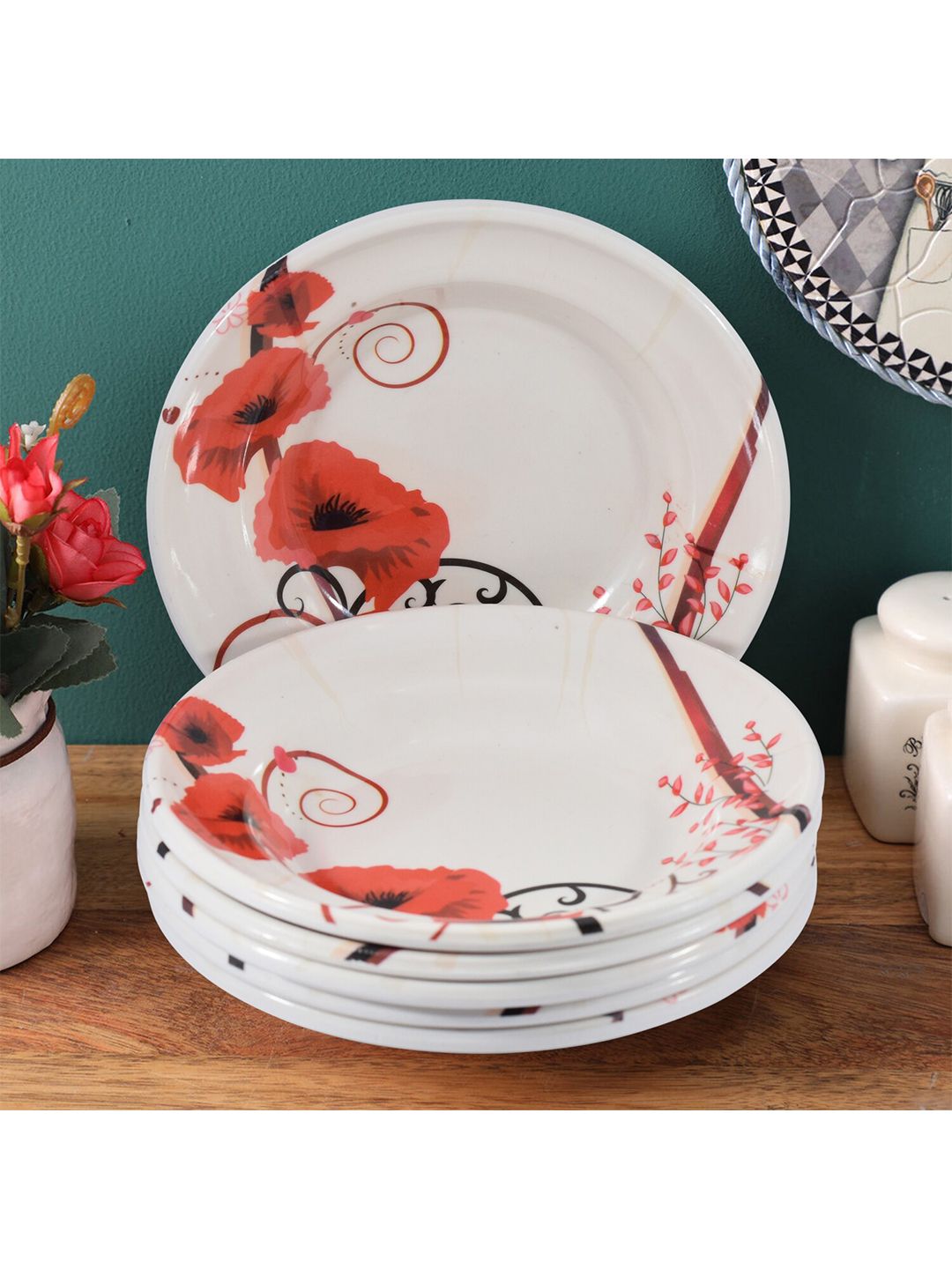 Gallery99 White & Red 6 Pieces Floral Printed Melamine Glossy Plates Set Price in India