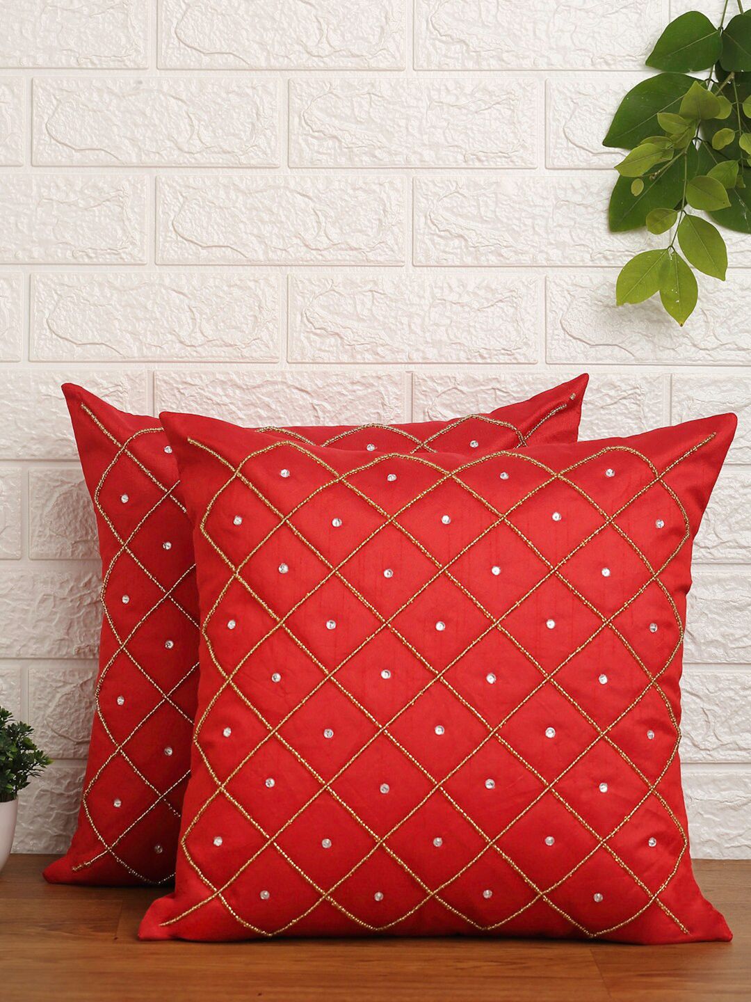 Alina decor Set of 2 Red & Gold-Toned Embroidered Square Cushion Covers Price in India