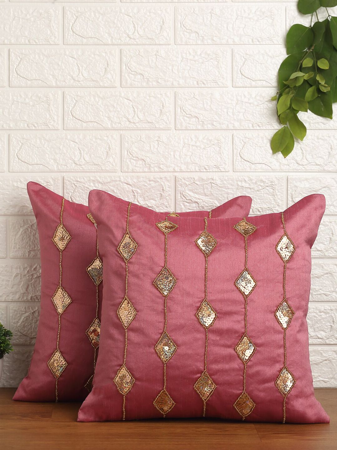 Alina decor Pink & Brown Set of 2 Embroidered Square Cushion Covers Price in India