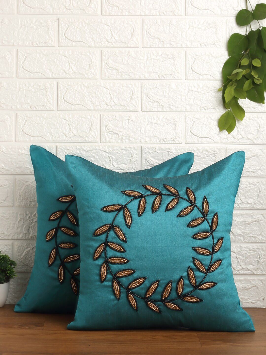 Alina decor Teal & Black Set of 2 Embroidered Square Cushion Covers Price in India