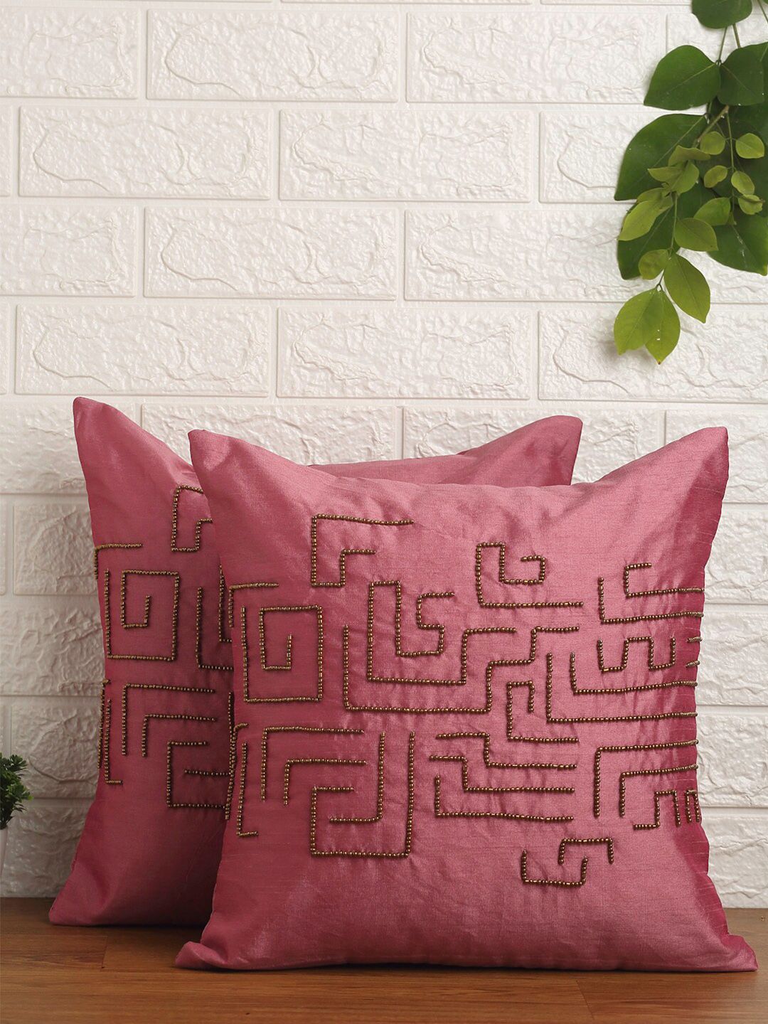 Alina decor Pink & Gold-Toned Set of 2 Embroidered Square Cushion Covers Price in India