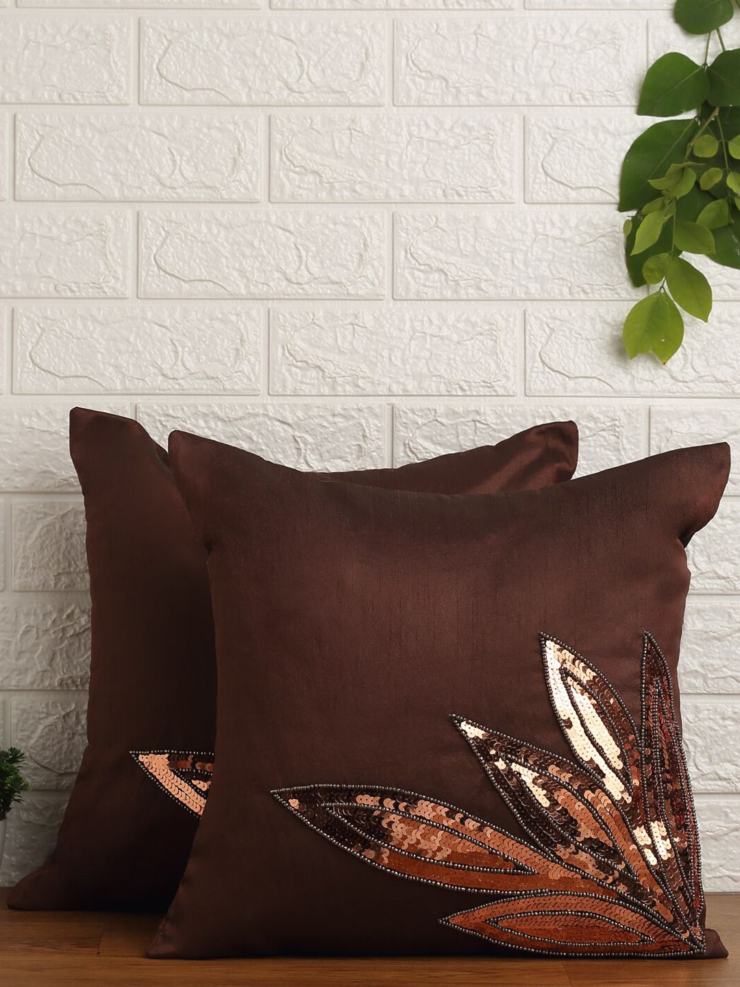 Alina decor Brown & Black Set of 2 Embroidered Square Cushion Covers Price in India