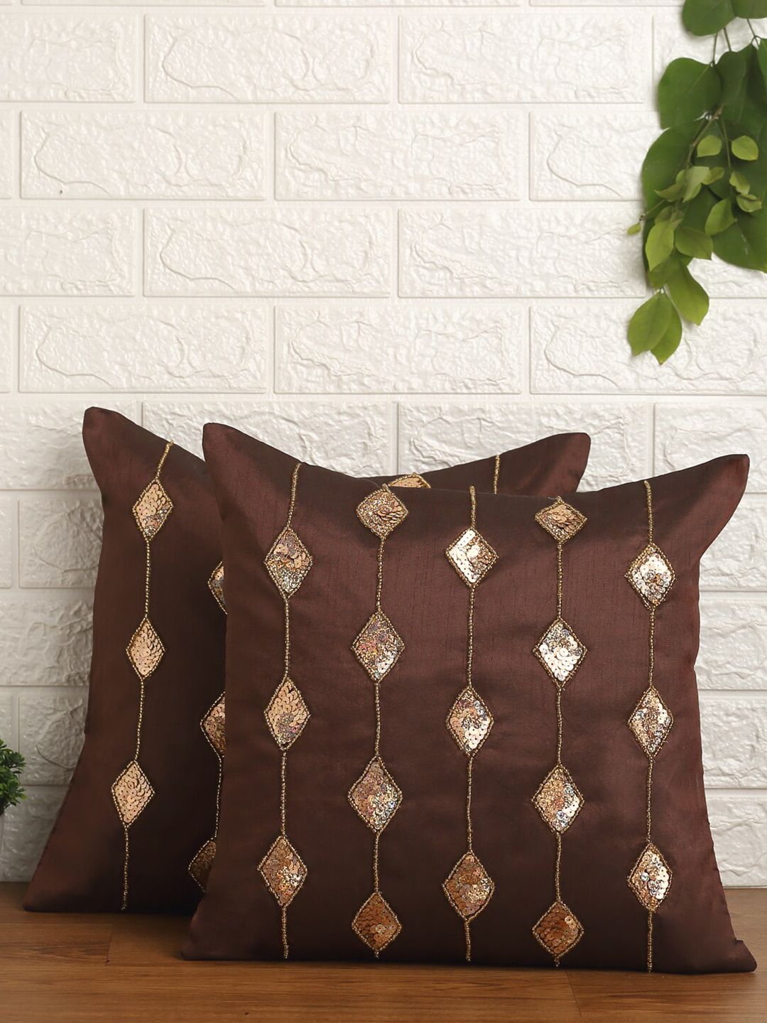 Alina decor Brown & Gold-Toned Set of 2 Embellished Square Cushion Covers Price in India