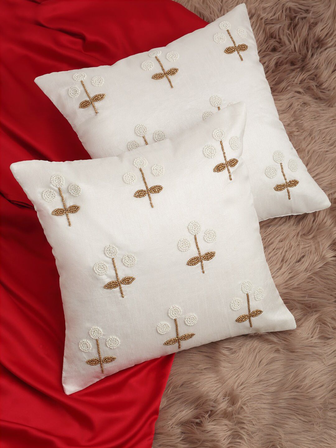 Alina decor White & Brown Set of 2 Embroidered Square Cushion Covers Price in India