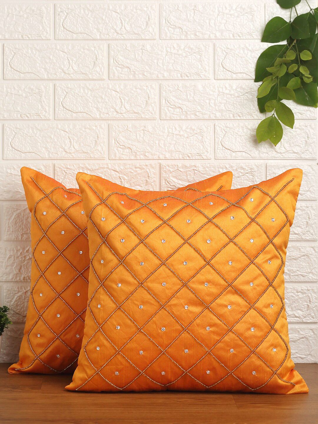 Alina decor Yellow & Brown Set of 2 Embroidered Square Cushion Covers Price in India