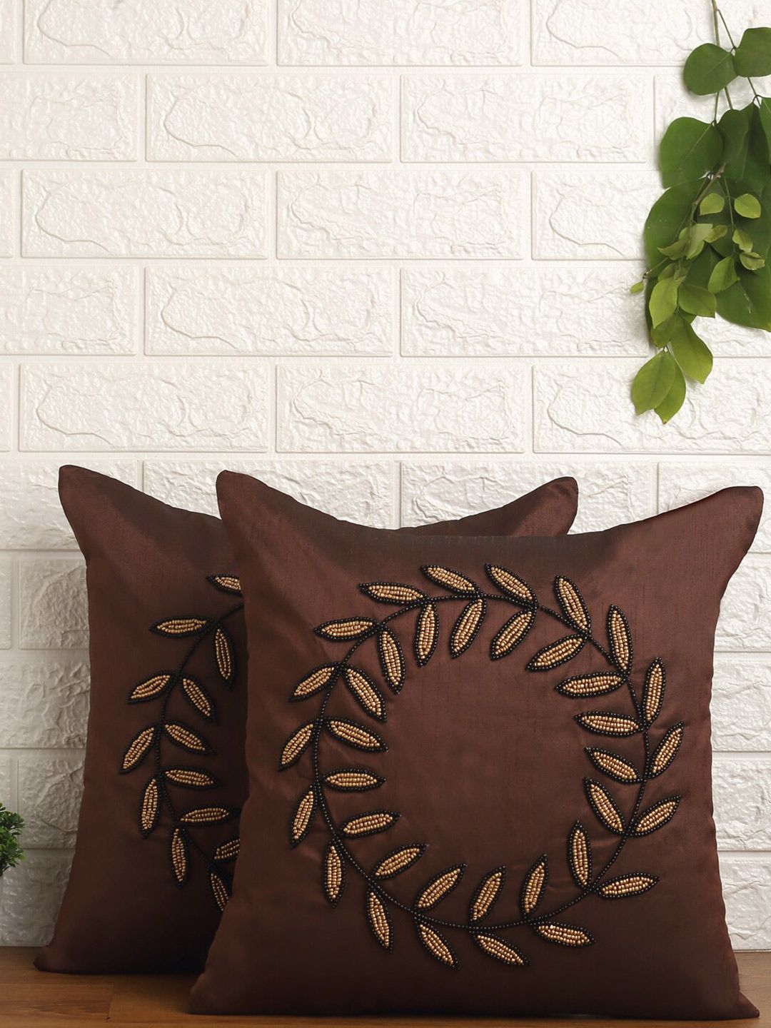 Alina decor Brown & Gold-Toned Set of 2 Floral Square Cushion Covers Price in India