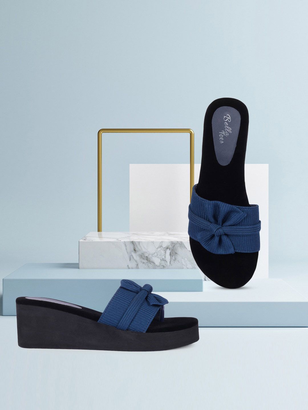 Bella Toes Blue & Black Flatform Sandals with Bows Price in India