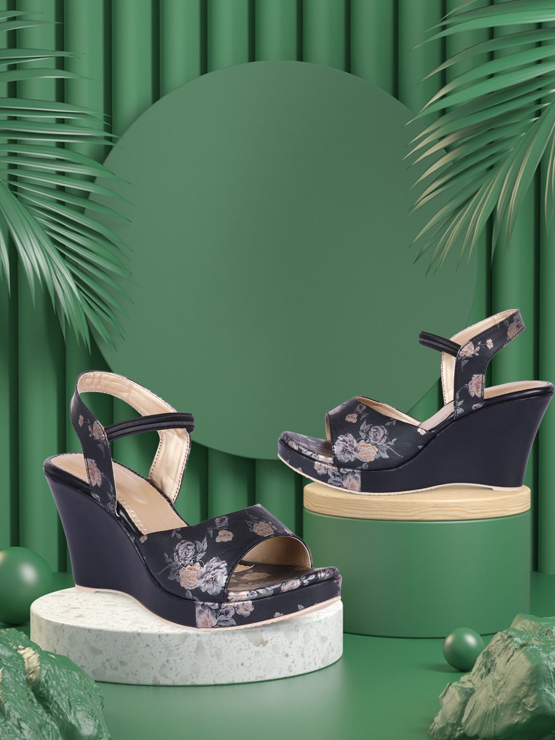 Bella Toes Black Printed Wedge Sandals Price in India