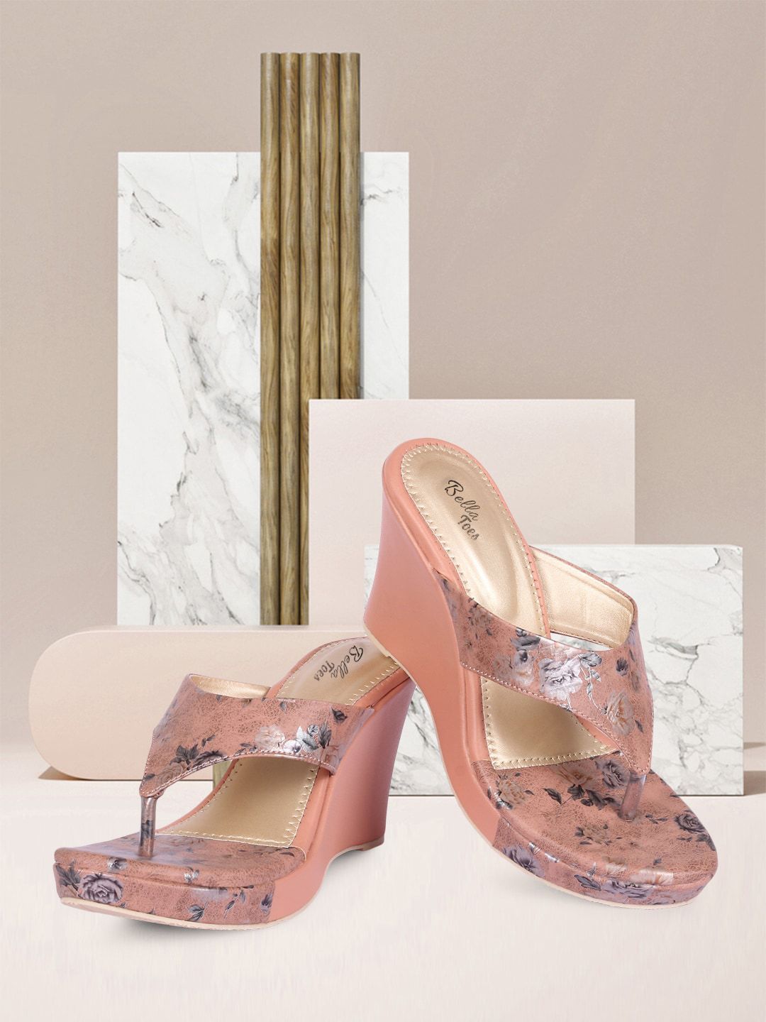 Bella Toes Pink & Silver-Toned Printed Wedge Sandals Price in India