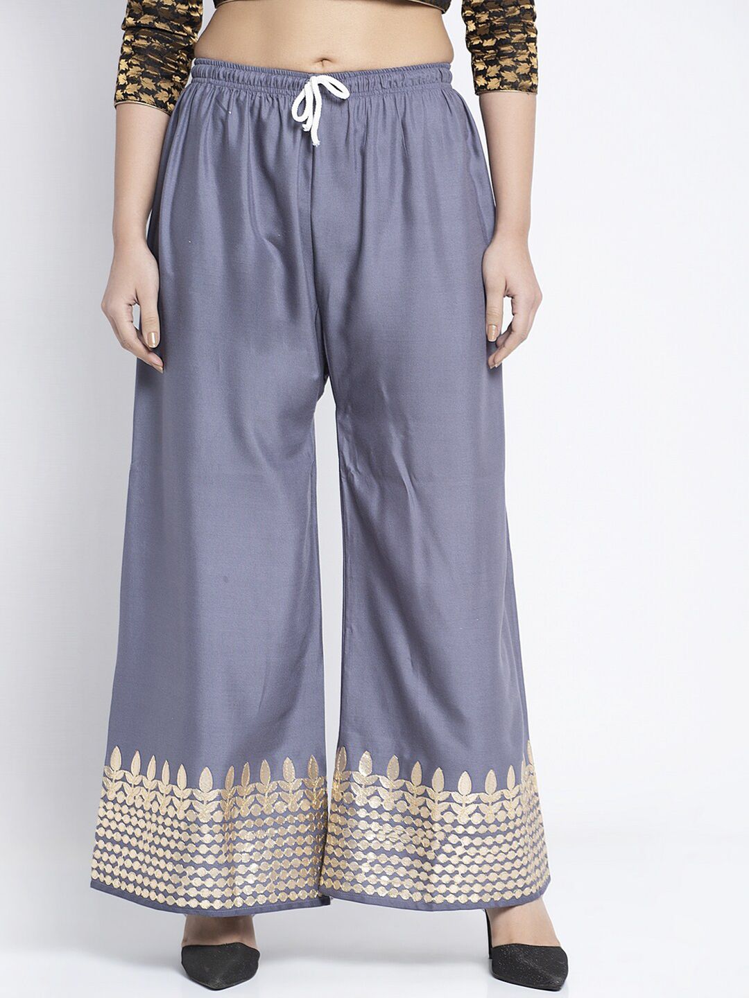 GRACIT Women Grey & Gold-Toned Ethnic Motifs Flared Knitted Ethnic Palazzos Price in India