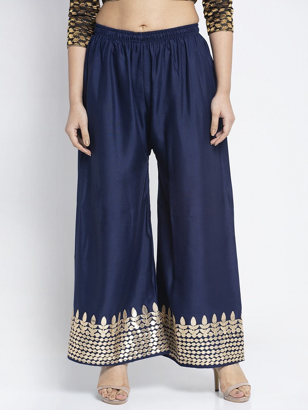 GRACIT Women Navy Blue & Gold-Toned Ethnic Motifs Printed Flared Ethnic Palazzos Price in India