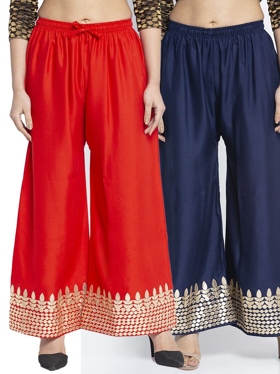 GRACIT Women Red & Navy Blue 2 Hem Design Knitted Ethnic Palazzos Price in India