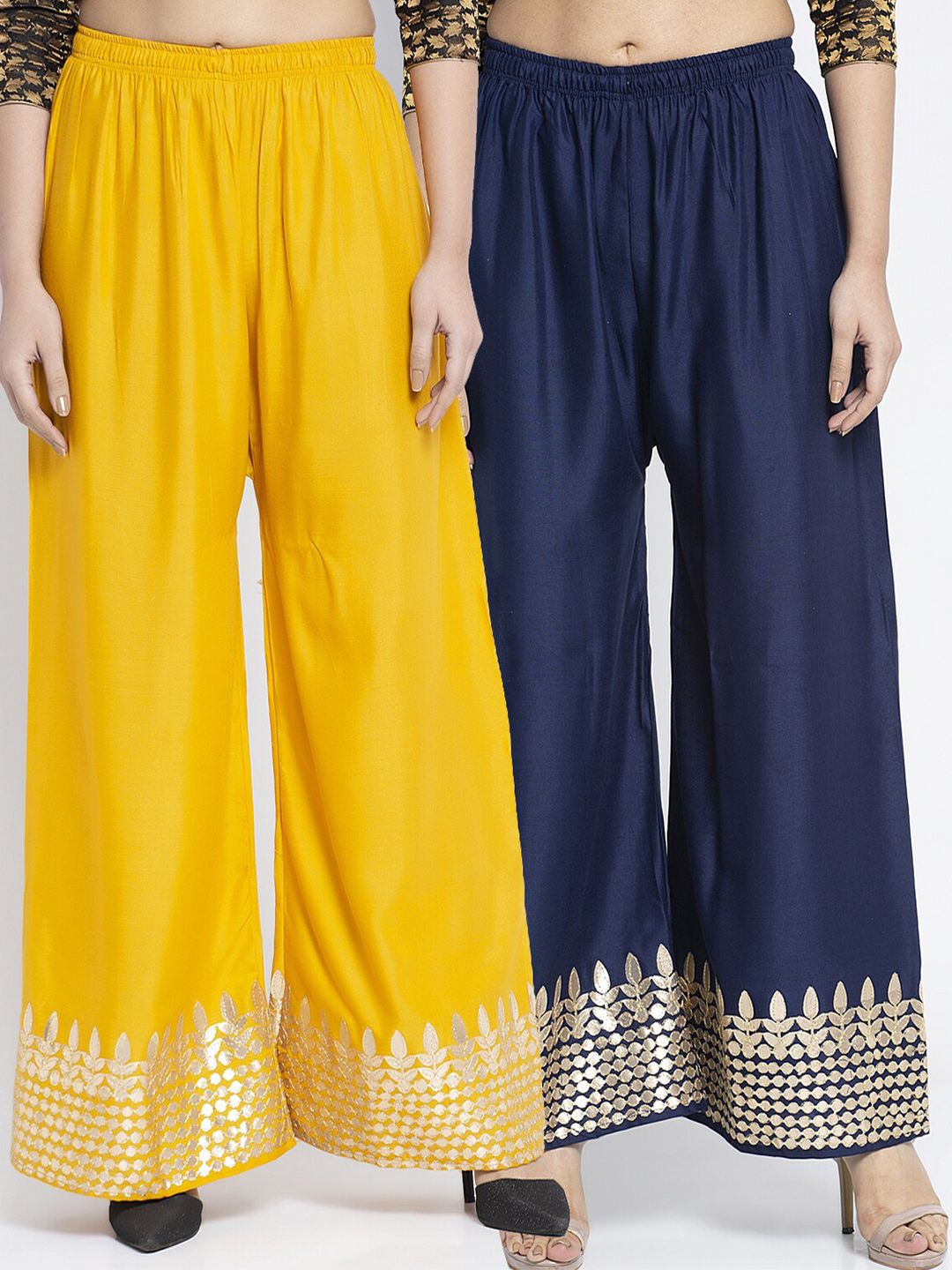 GRACIT Women Pack Of 2 Yellow & Navy Blue Printed Flared Knitted Ethnic Palazzos Price in India