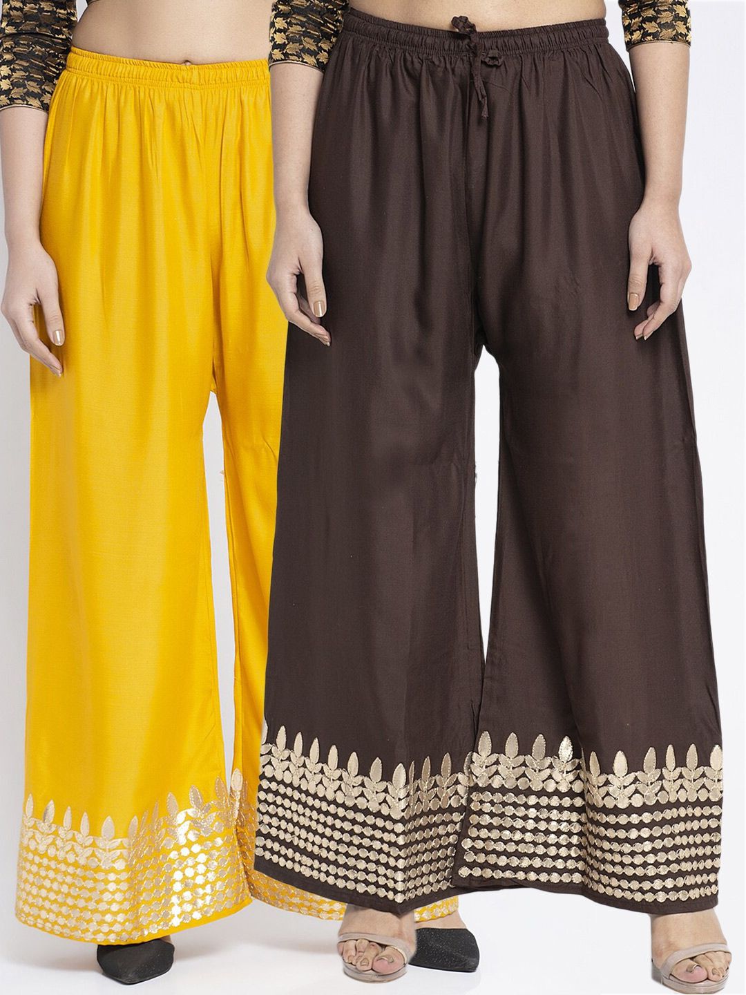 GRACIT Set Of 2 Women Yellow & Brown Ethnic Motifs Printed Flared Ethnic Palazzos Price in India