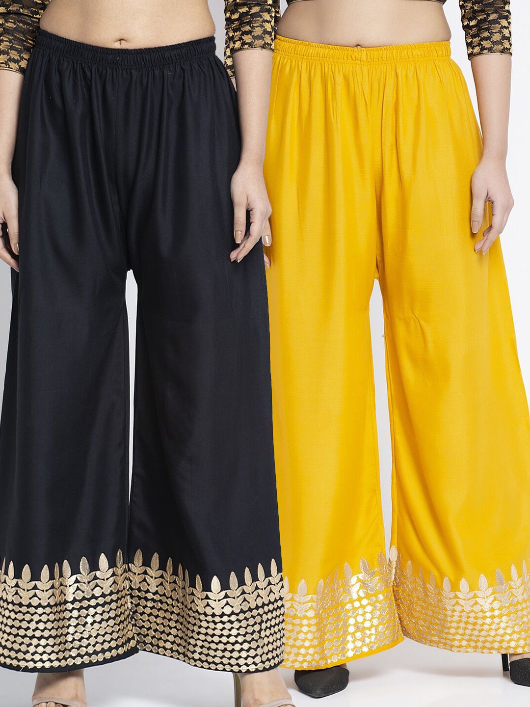 GRACIT Women Pack of 2 Black & Yellow Hem Design Palazzos Price in India