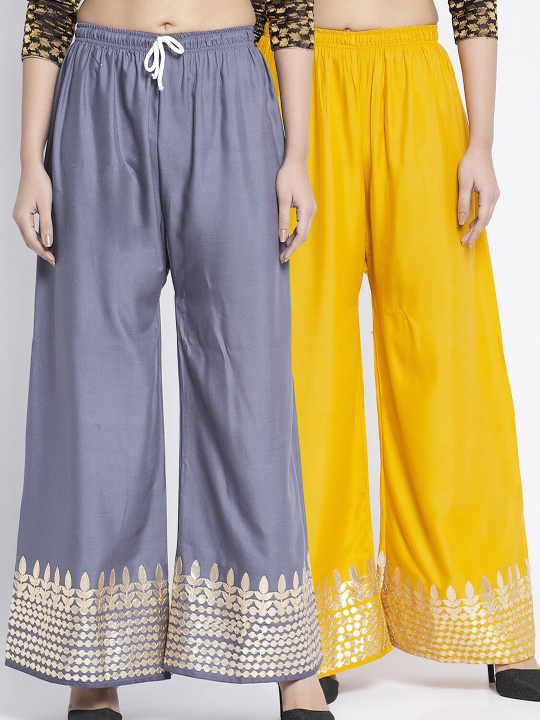 GRACIT Women Grey & Yellow 2 Ethnic Motifs Flared Knitted Ethnic Palazzos Price in India